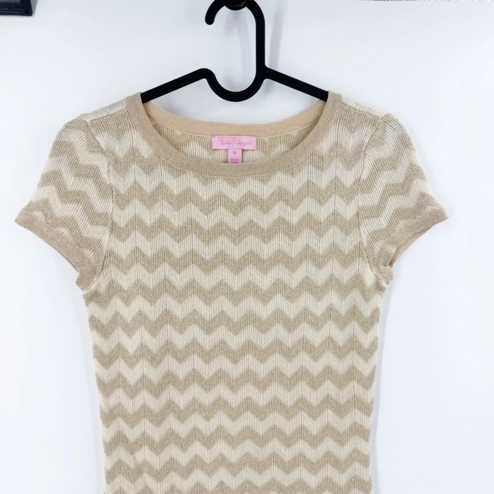 ✅ Lilly Pulitzer Sydney gold chevron zigzag short sleeve‎ sweater top X-SMALL